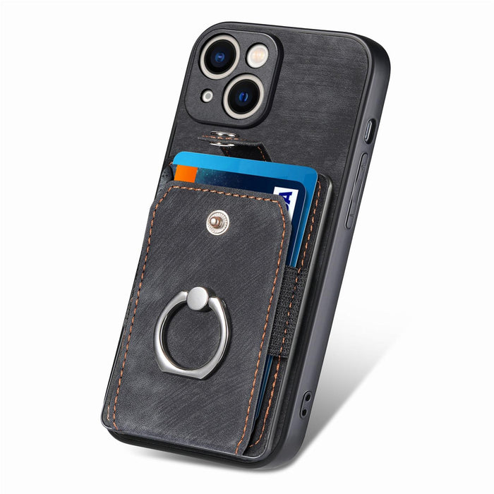 For Iphone 15 Retro Skin-Feel Ring Card Wallet Phone Case