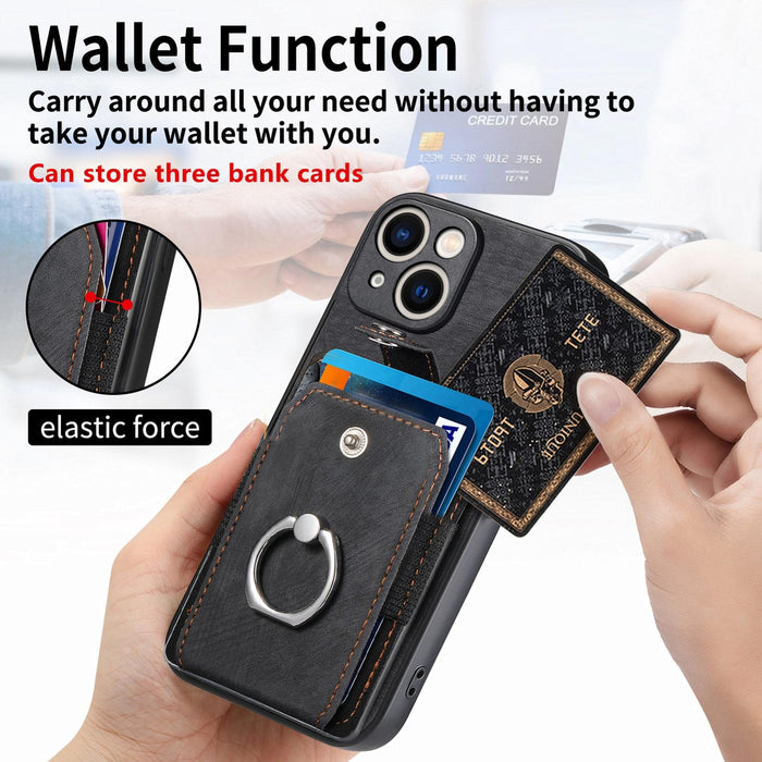 For Iphone 15 Retro Skin-Feel Ring Card Wallet Phone Case