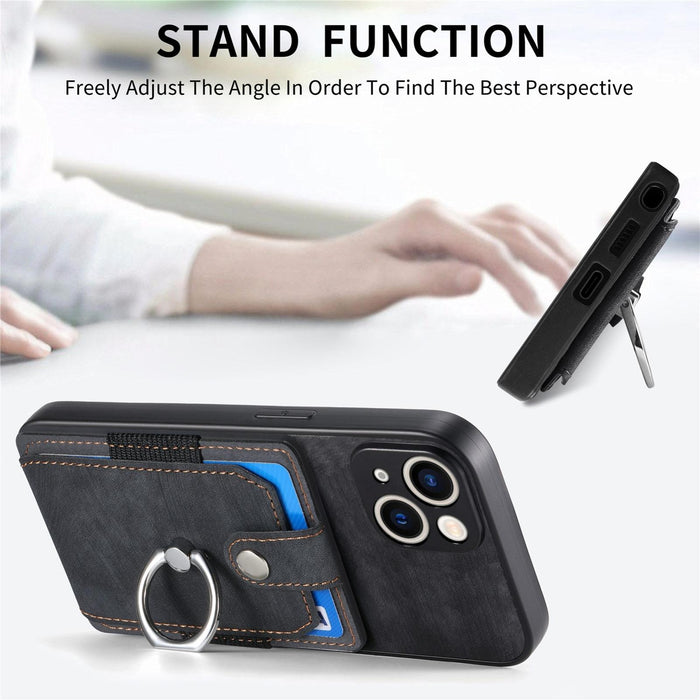 For Iphone 15 Retro Skin-Feel Ring Card Wallet Phone Case