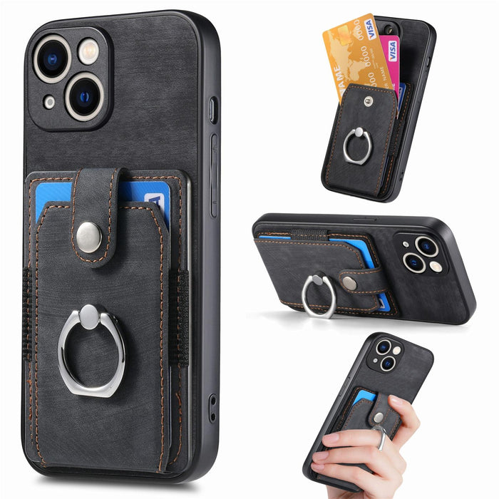 For Iphone 15 Retro Skin-Feel Ring Card Wallet Phone Case
