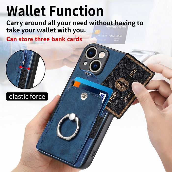 For Iphone 15 Retro Skin-Feel Ring Card Wallet Phone Case