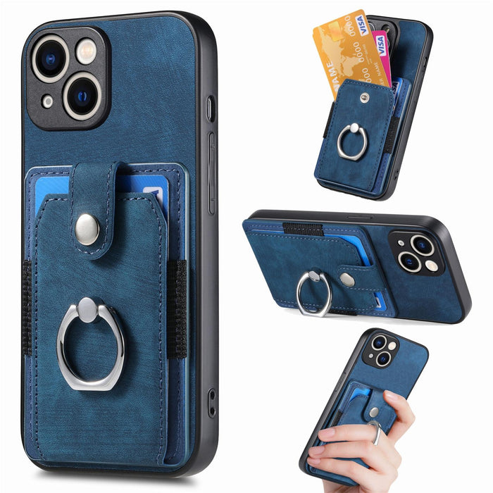 For Iphone 15 Retro Skin-Feel Ring Card Wallet Phone Case