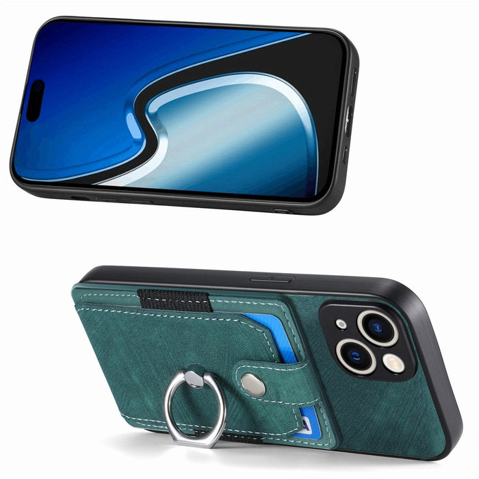 For Iphone 15 Retro Skin-Feel Ring Card Wallet Phone Case