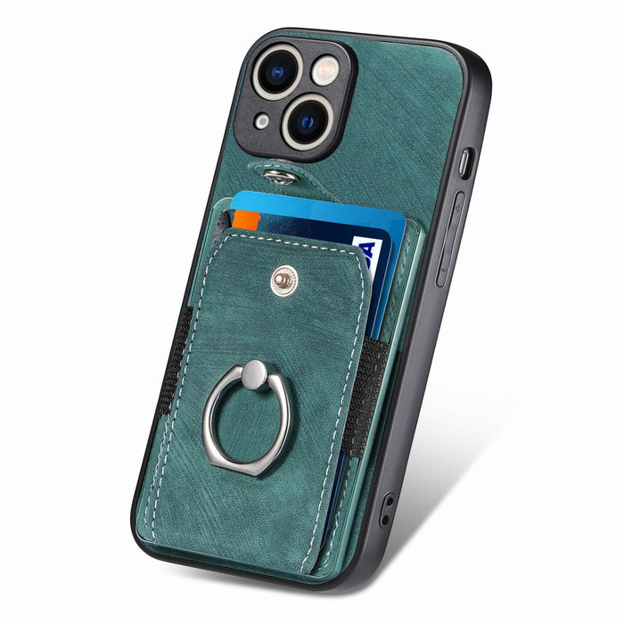 For Iphone 15 Retro Skin-Feel Ring Card Wallet Phone Case