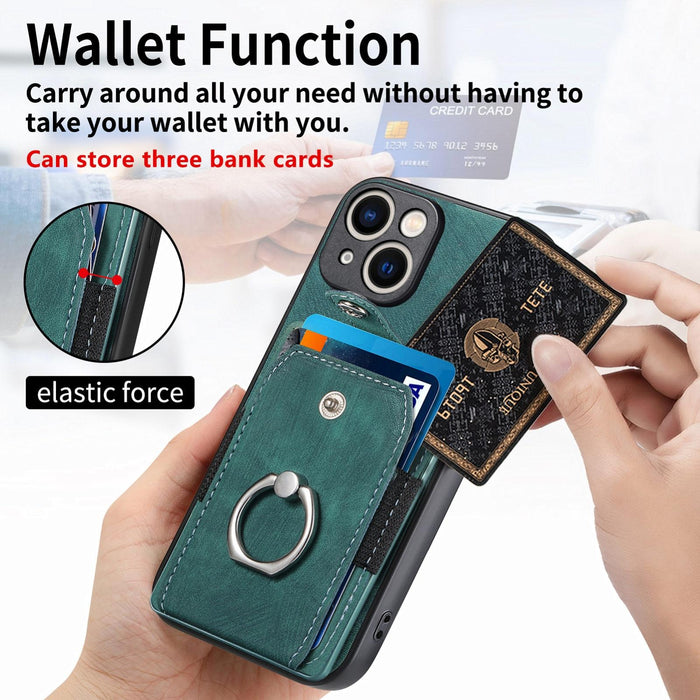 For Iphone 15 Retro Skin-Feel Ring Card Wallet Phone Case