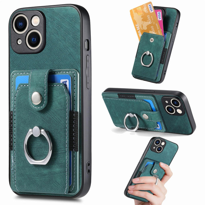For Iphone 15 Retro Skin-Feel Ring Card Wallet Phone Case