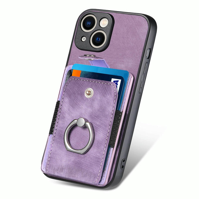 For Iphone 15 Retro Skin-Feel Ring Card Wallet Phone Case