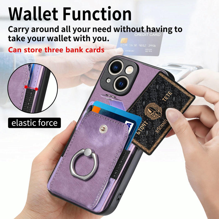 For Iphone 15 Retro Skin-Feel Ring Card Wallet Phone Case