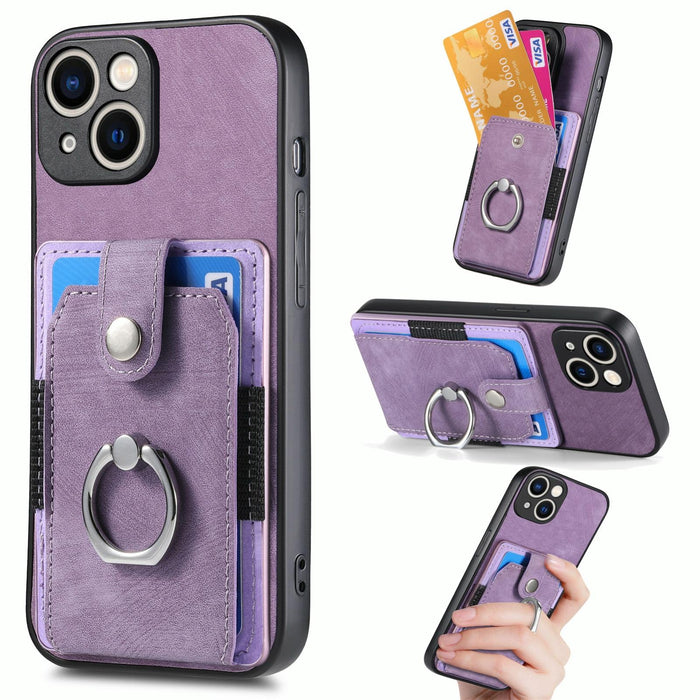 For Iphone 15 Retro Skin-Feel Ring Card Wallet Phone Case