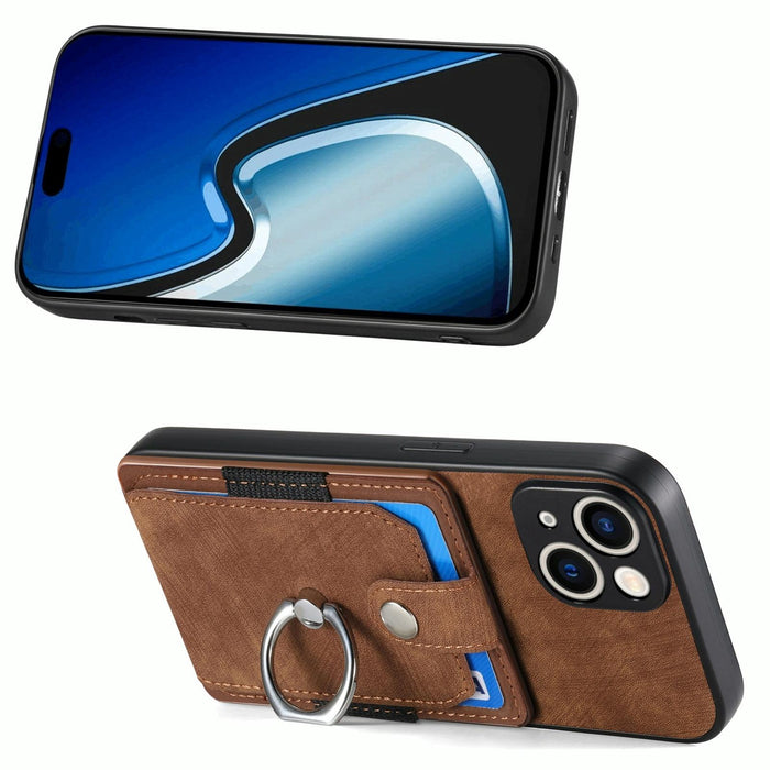 For Iphone 15 Retro Skin-Feel Ring Card Wallet Phone Case