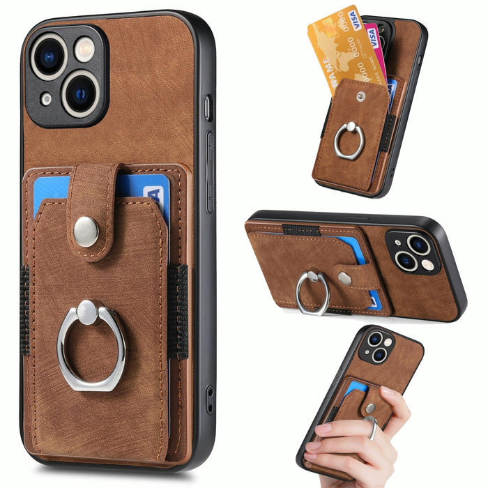 For Iphone 15 Retro Skin-Feel Ring Card Wallet Phone Case