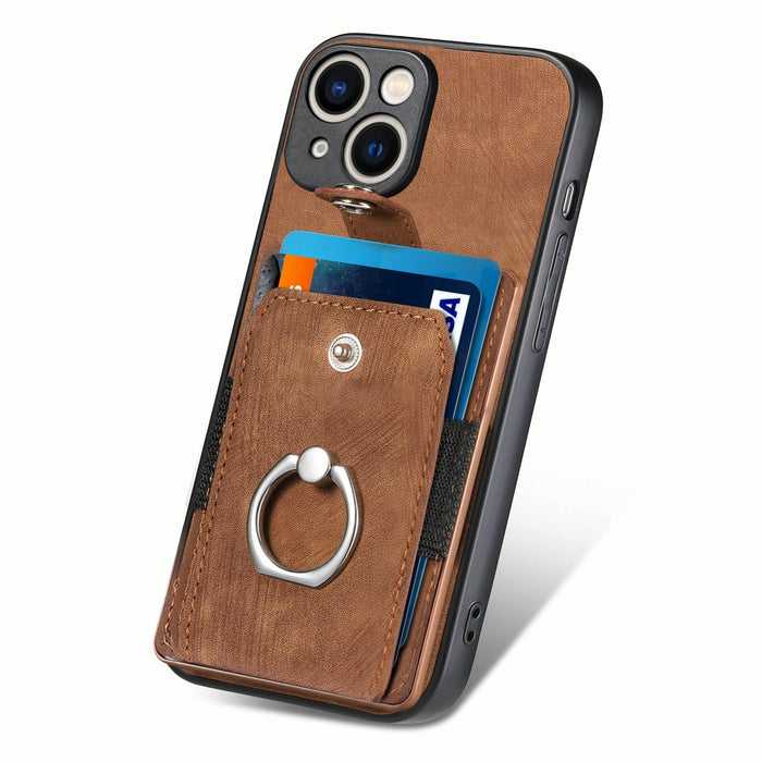 For Iphone 15 Retro Skin-Feel Ring Card Wallet Phone Case