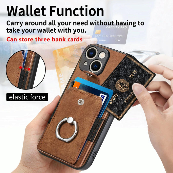 For Iphone 15 Retro Skin-Feel Ring Card Wallet Phone Case