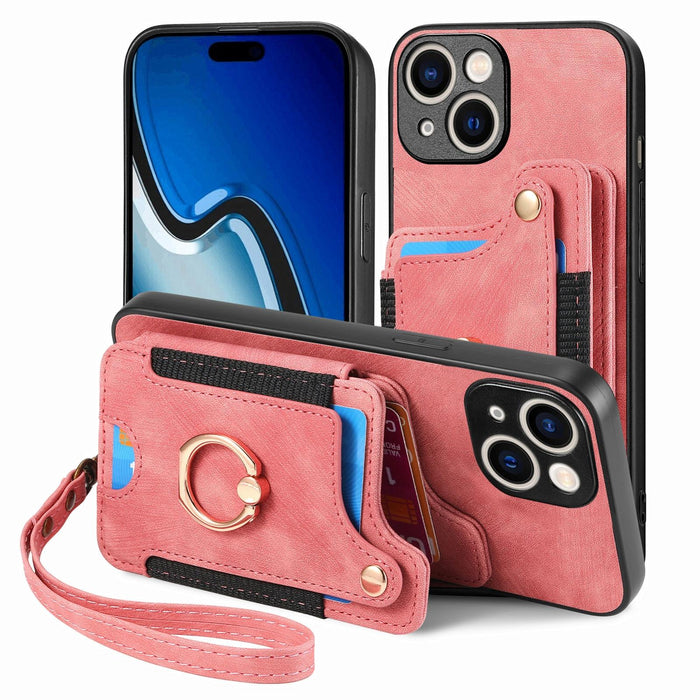 For Iphone 15 Retro Skin-Feel Ring Multi-Card Wallet Phone Case