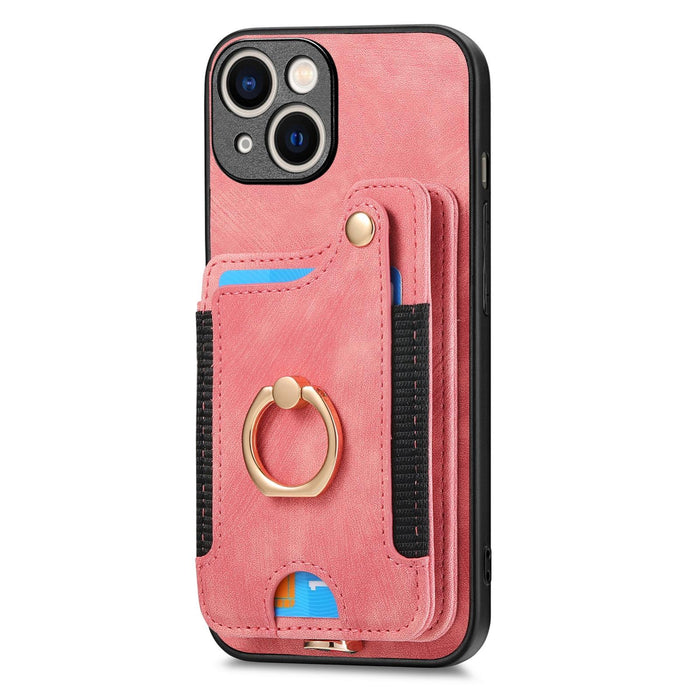 For Iphone 15 Retro Skin-Feel Ring Multi-Card Wallet Phone Case