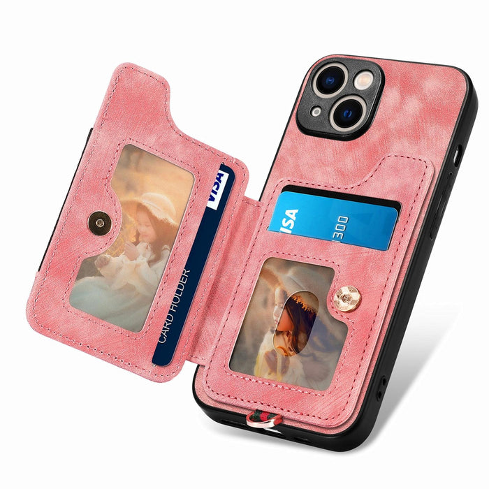 For Iphone 15 Retro Skin-Feel Ring Multi-Card Wallet Phone Case