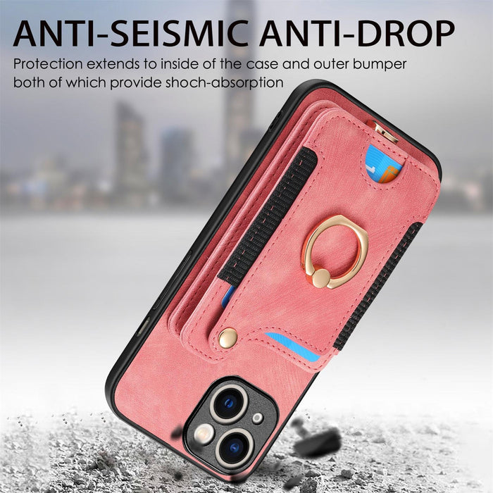 For Iphone 15 Retro Skin-Feel Ring Multi-Card Wallet Phone Case