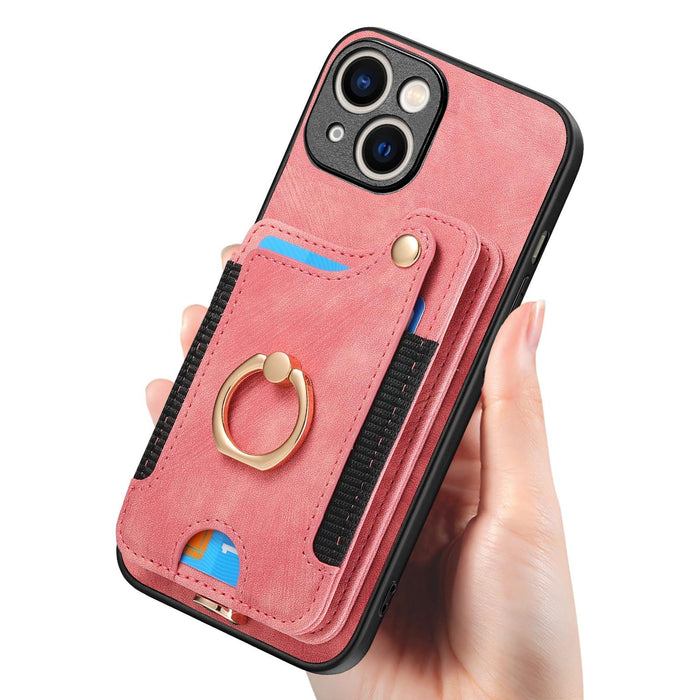 For Iphone 15 Retro Skin-Feel Ring Multi-Card Wallet Phone Case