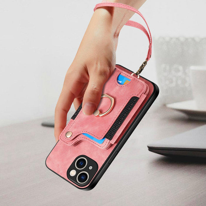 For Iphone 15 Retro Skin-Feel Ring Multi-Card Wallet Phone Case