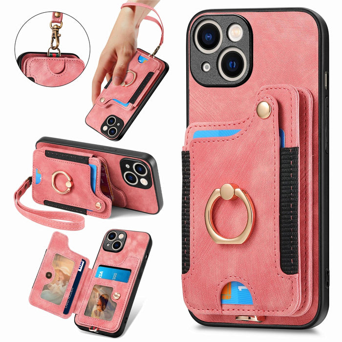 For Iphone 15 Retro Skin-Feel Ring Multi-Card Wallet Phone Case
