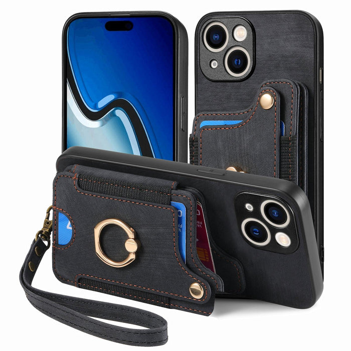 For Iphone 15 Retro Skin-Feel Ring Multi-Card Wallet Phone Case