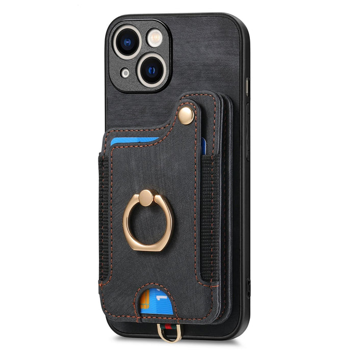 For Iphone 15 Retro Skin-Feel Ring Multi-Card Wallet Phone Case