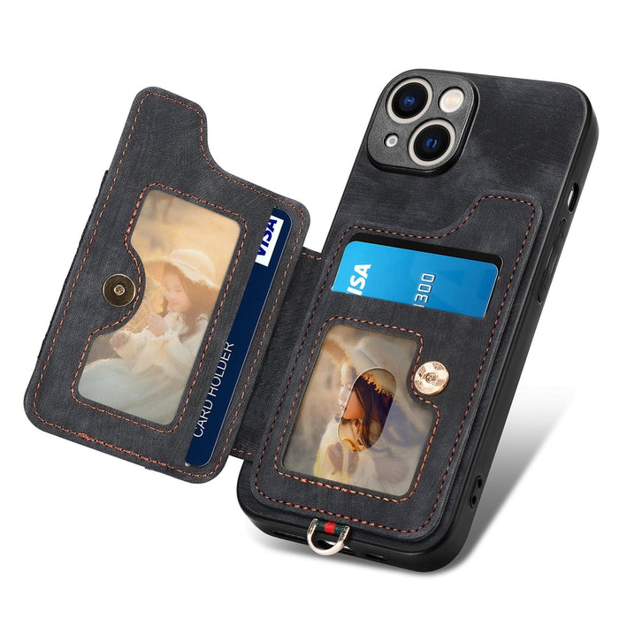 For Iphone 15 Retro Skin-Feel Ring Multi-Card Wallet Phone Case