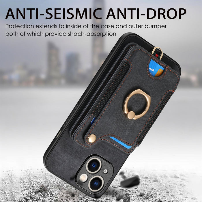 For Iphone 15 Retro Skin-Feel Ring Multi-Card Wallet Phone Case