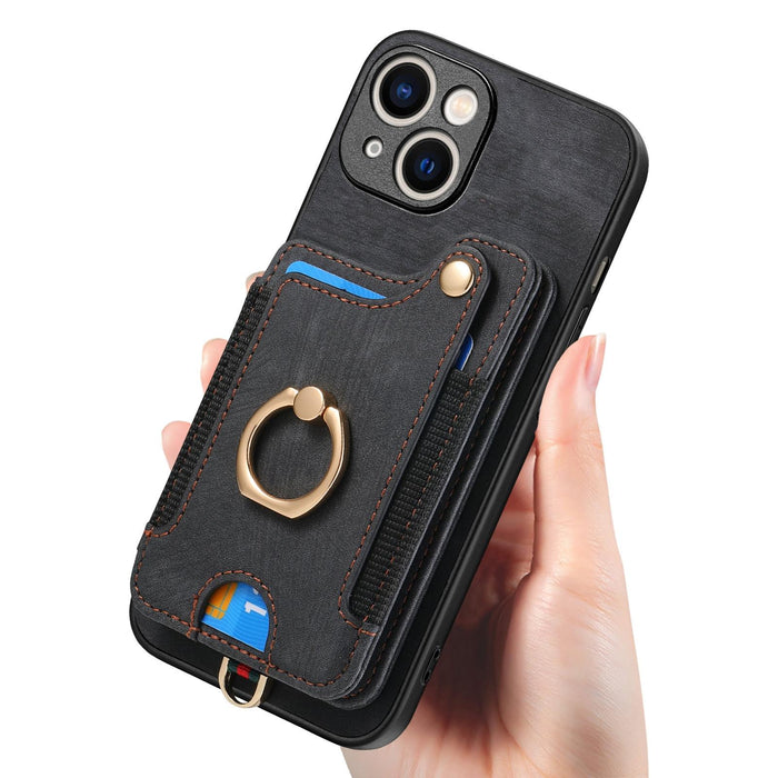 For Iphone 15 Retro Skin-Feel Ring Multi-Card Wallet Phone Case
