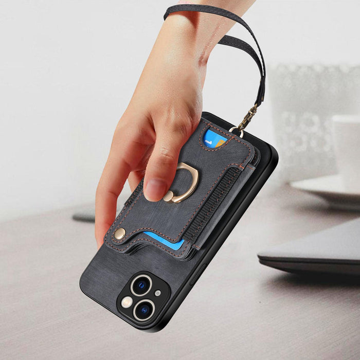 For Iphone 15 Retro Skin-Feel Ring Multi-Card Wallet Phone Case