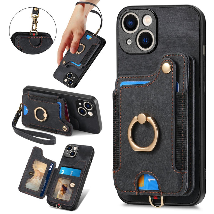 For Iphone 15 Retro Skin-Feel Ring Multi-Card Wallet Phone Case