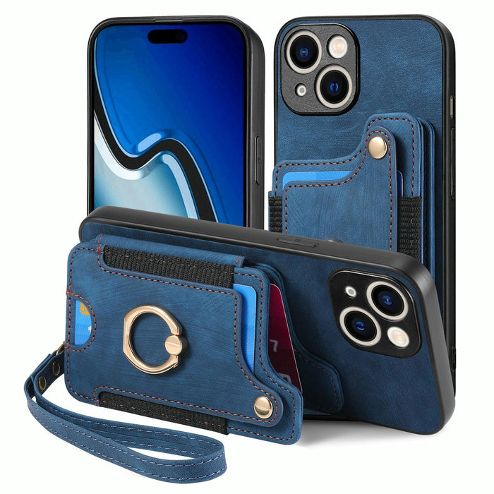 For Iphone 15 Retro Skin-Feel Ring Multi-Card Wallet Phone Case