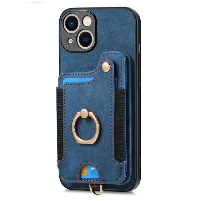 For Iphone 15 Retro Skin-Feel Ring Multi-Card Wallet Phone Case