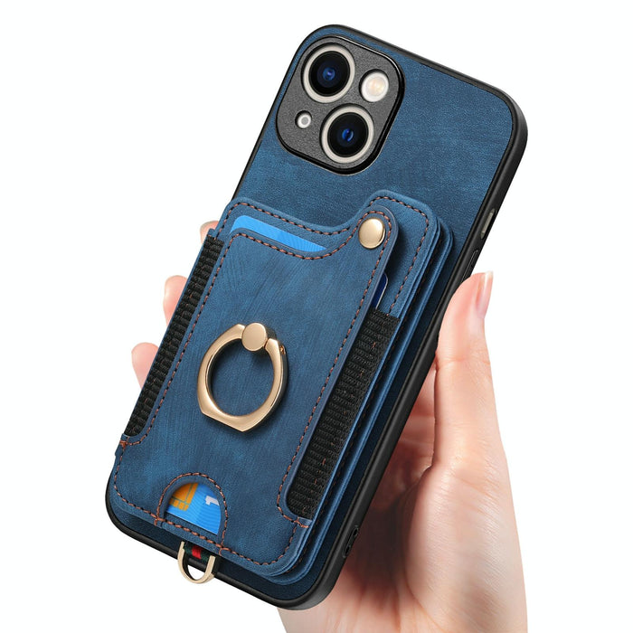 For Iphone 15 Retro Skin-Feel Ring Multi-Card Wallet Phone Case