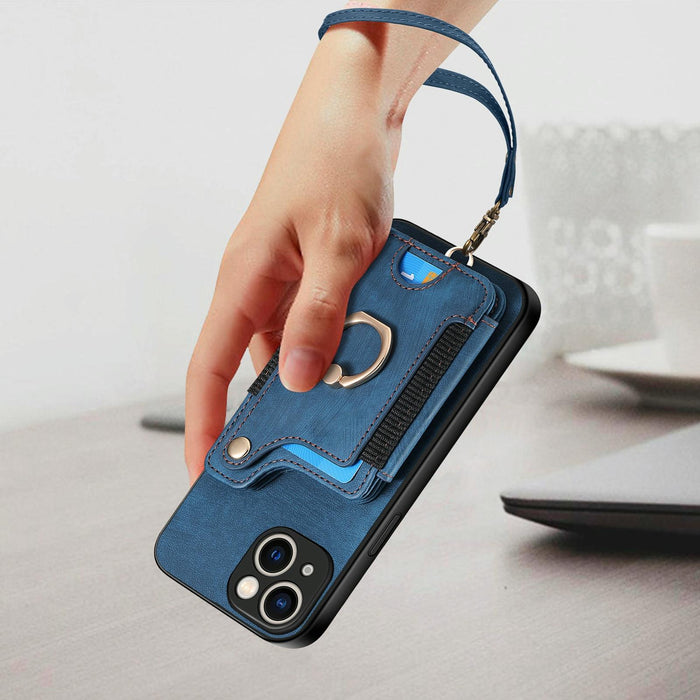 For Iphone 15 Retro Skin-Feel Ring Multi-Card Wallet Phone Case