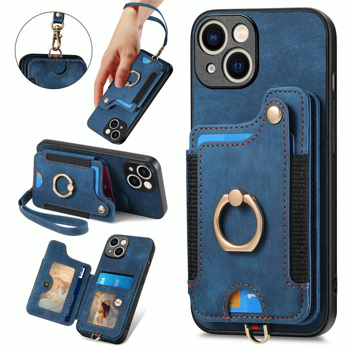 For Iphone 15 Retro Skin-Feel Ring Multi-Card Wallet Phone Case