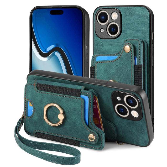 For Iphone 15 Retro Skin-Feel Ring Multi-Card Wallet Phone Case