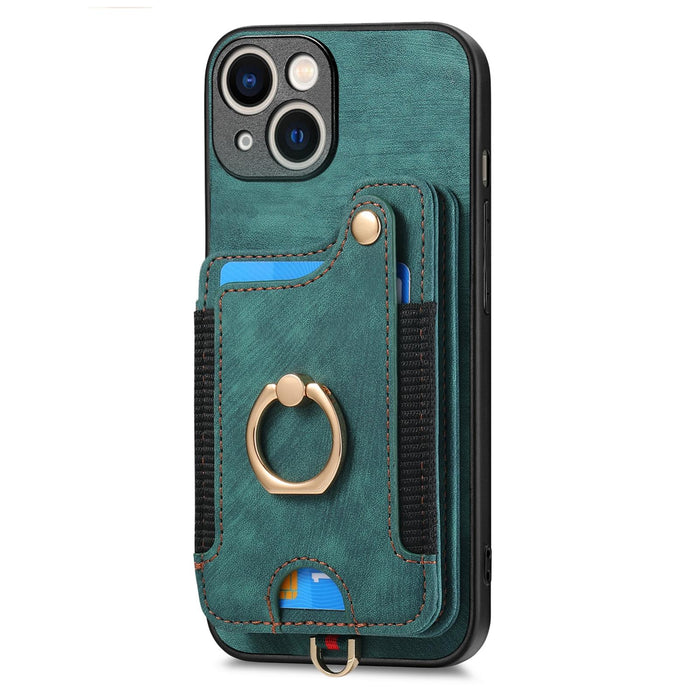 For Iphone 15 Retro Skin-Feel Ring Multi-Card Wallet Phone Case