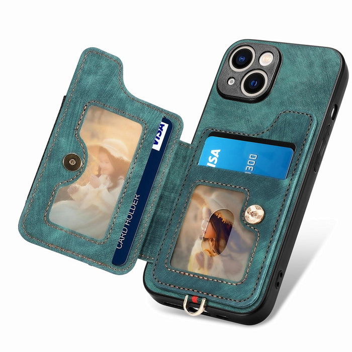 For Iphone 15 Retro Skin-Feel Ring Multi-Card Wallet Phone Case