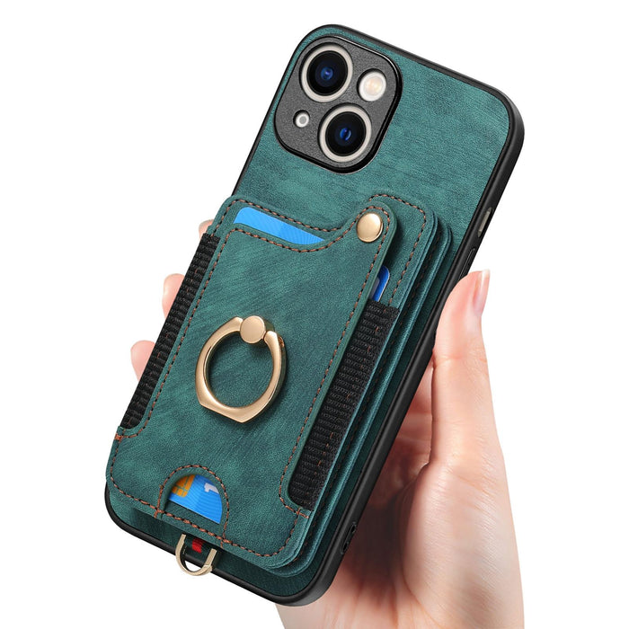 For Iphone 15 Retro Skin-Feel Ring Multi-Card Wallet Phone Case