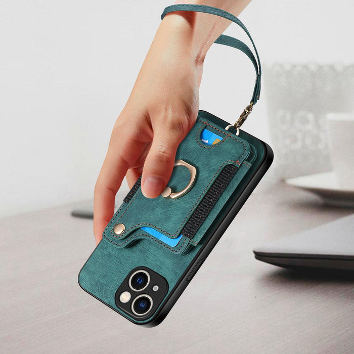For Iphone 15 Retro Skin-Feel Ring Multi-Card Wallet Phone Case