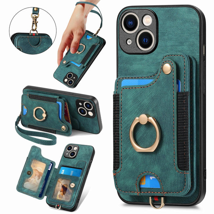 For Iphone 15 Retro Skin-Feel Ring Multi-Card Wallet Phone Case