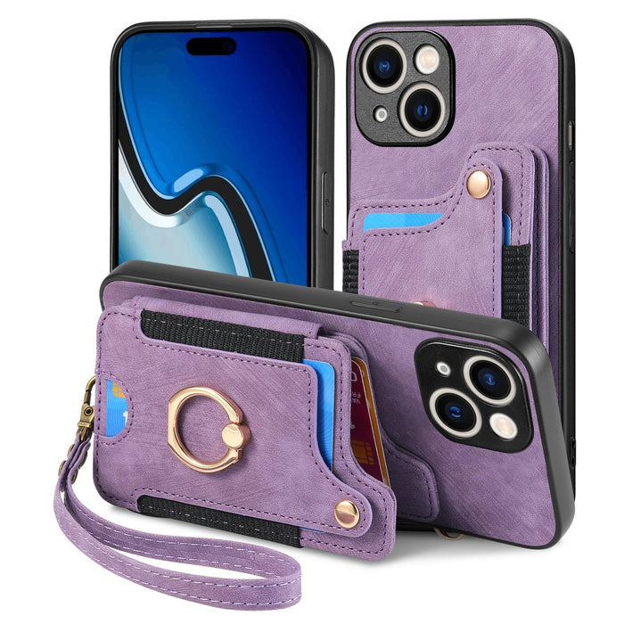 For Iphone 15 Retro Skin-Feel Ring Multi-Card Wallet Phone Case