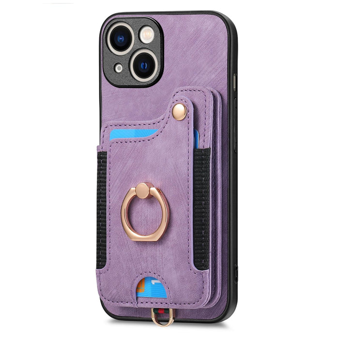 For Iphone 15 Retro Skin-Feel Ring Multi-Card Wallet Phone Case