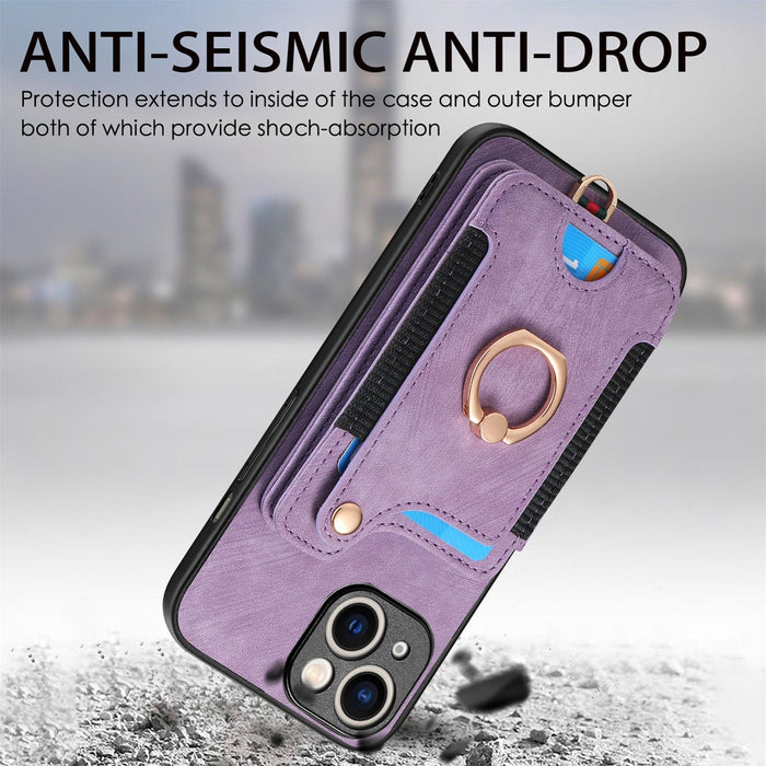 For Iphone 15 Retro Skin-Feel Ring Multi-Card Wallet Phone Case