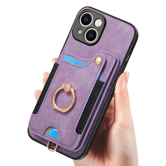 For Iphone 15 Retro Skin-Feel Ring Multi-Card Wallet Phone Case