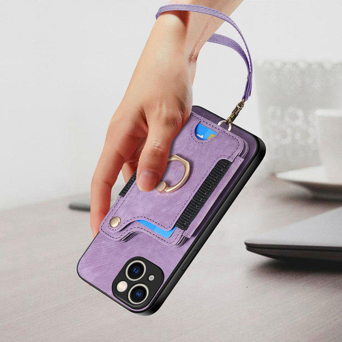 For Iphone 15 Retro Skin-Feel Ring Multi-Card Wallet Phone Case