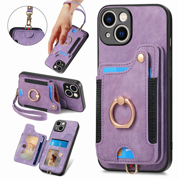 For Iphone 15 Retro Skin-Feel Ring Multi-Card Wallet Phone Case