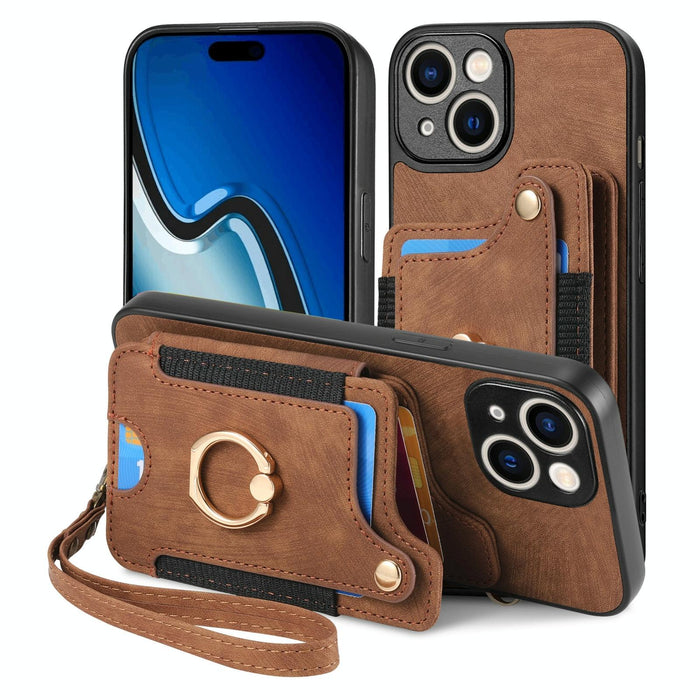 For Iphone 15 Retro Skin-Feel Ring Multi-Card Wallet Phone Case