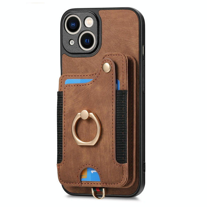 For Iphone 15 Retro Skin-Feel Ring Multi-Card Wallet Phone Case